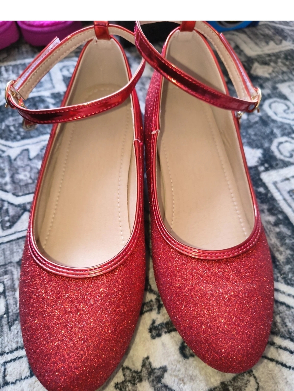 Ruby Red Sparkly Heels Eu38 Youth 6 Red Glitter Mary Jane Flats with Ankle Strap
